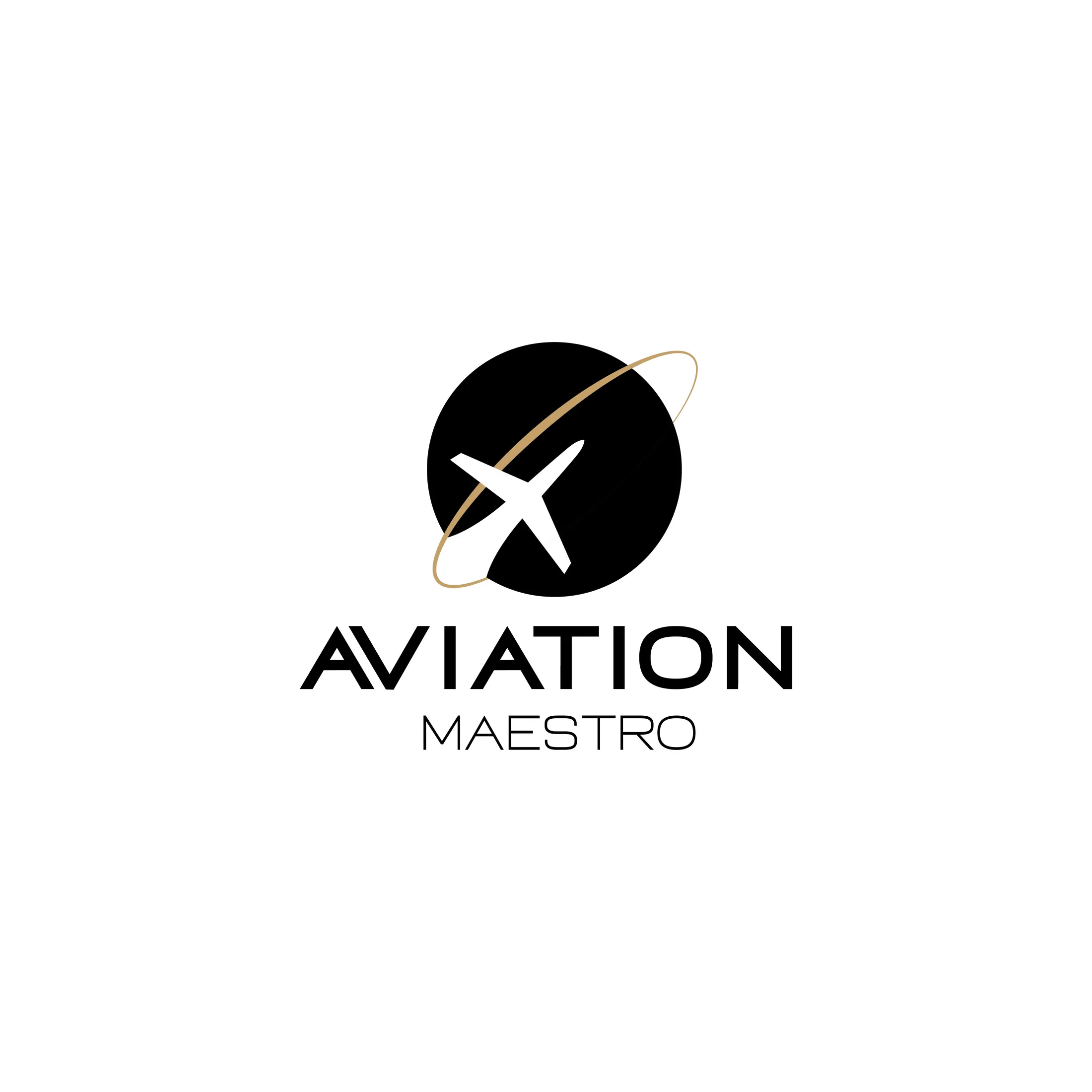 Aviation Maestro logo — a white aeroplane crossing a black circle with a gold orbit ring, above the wordmark.