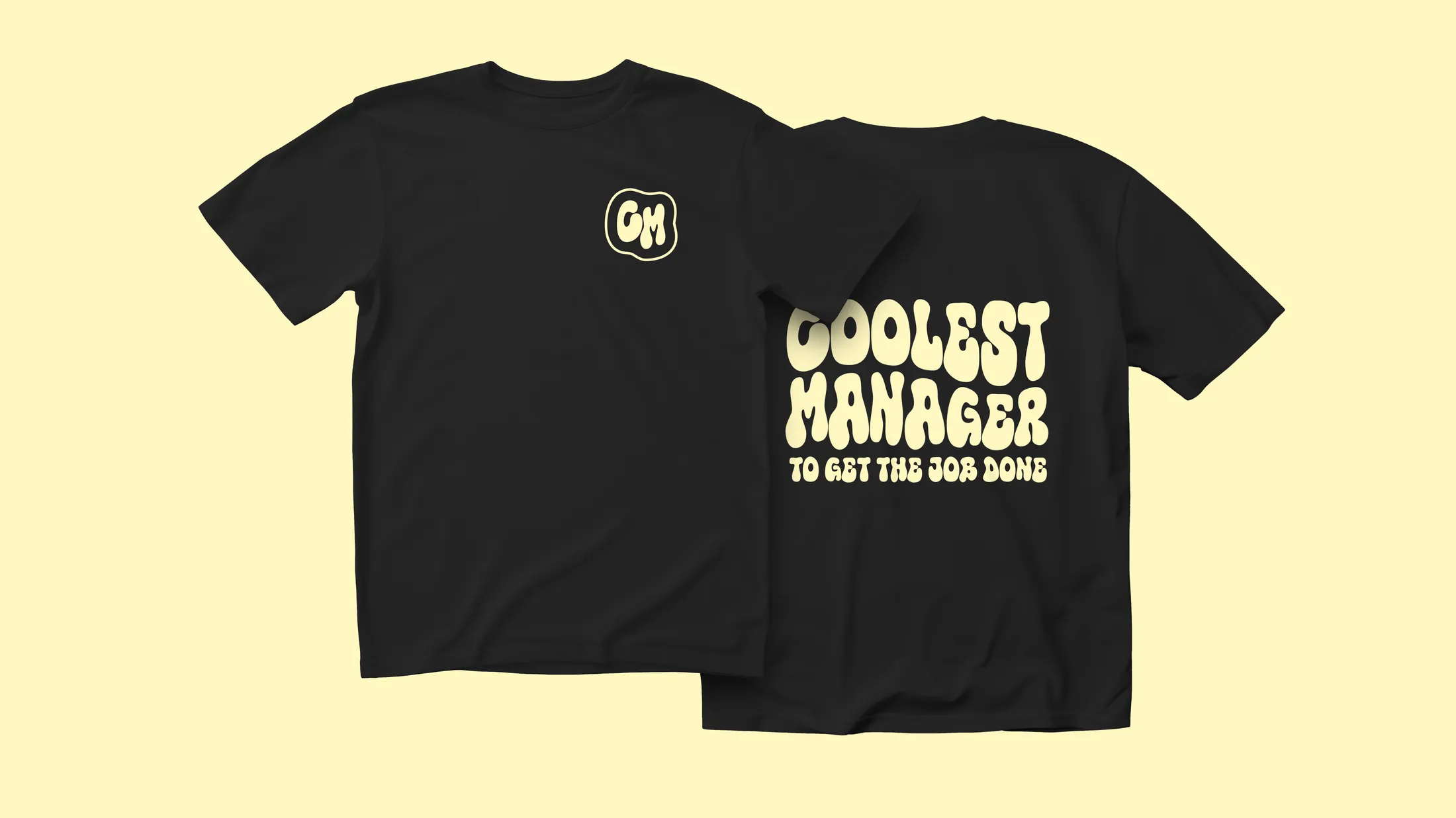 'Coolest Manager' black t-shirt design — a CM chest badge and a groovy back print reading 'Coolest Manager, to get the job done'.