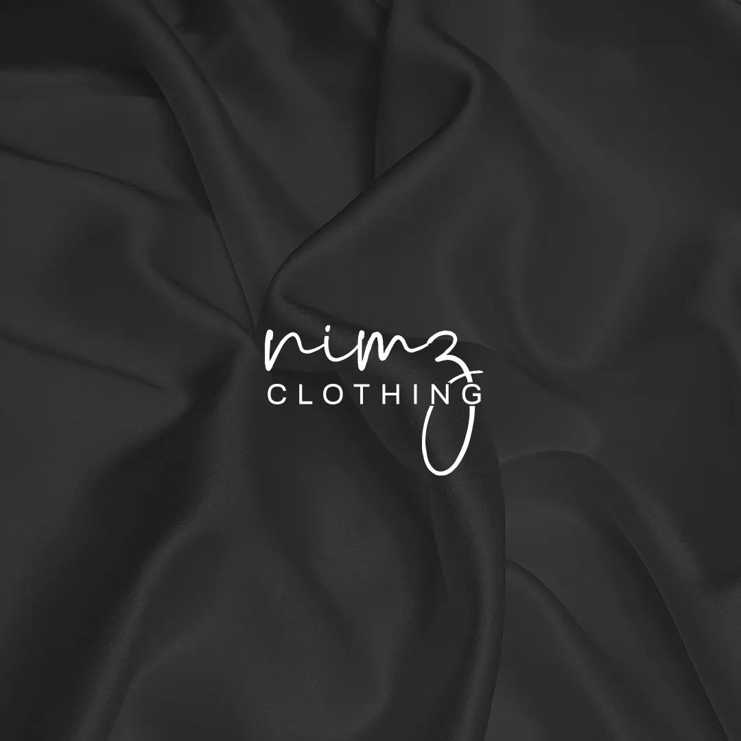 Nimz Clothing logo — a handwritten 'nimz' script over 'CLOTHING', in white on black satin.