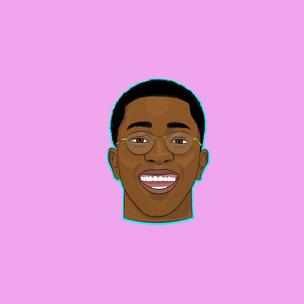 Hand-drawn cartoon self-portrait — a smiling young man in round glasses on a pink background.