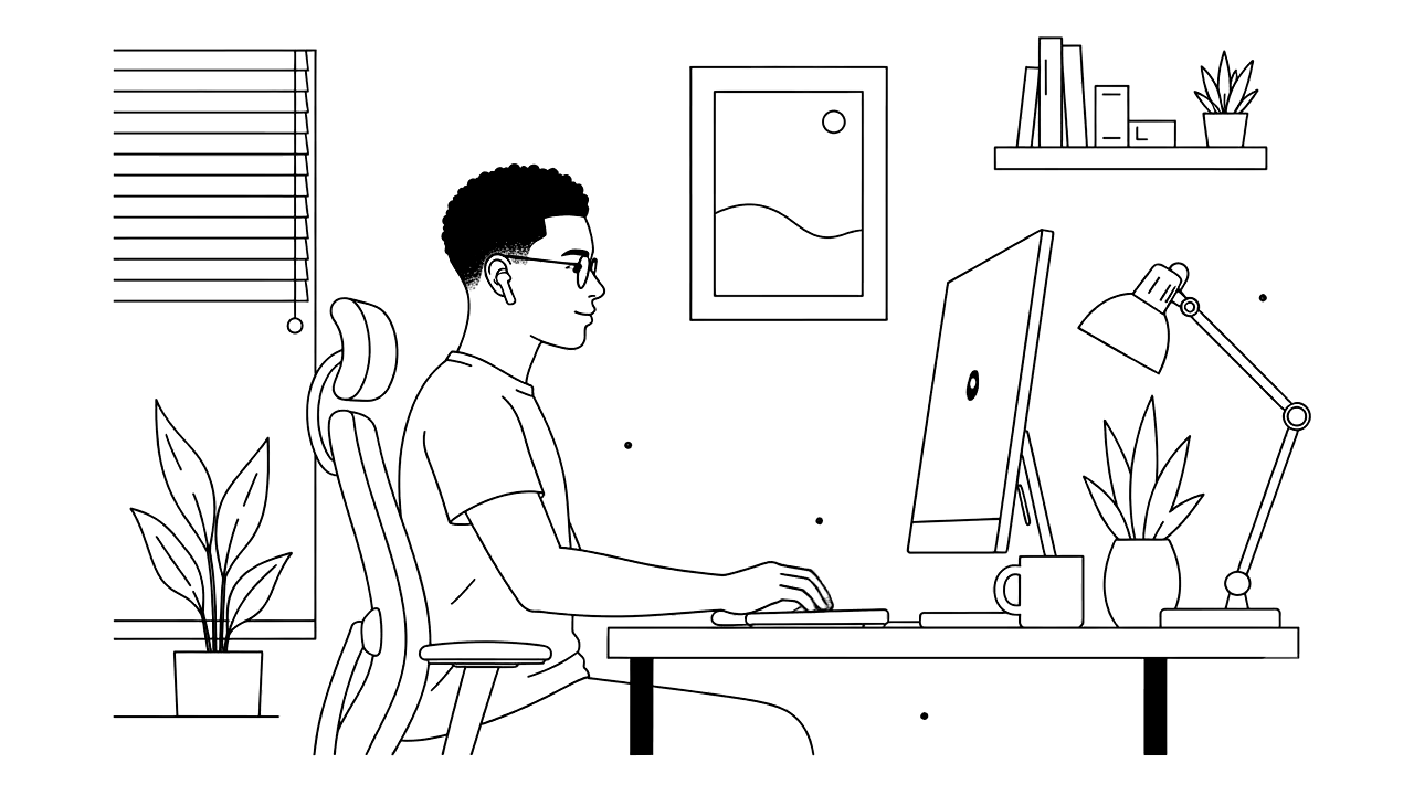 Line illustration of Yooku Obiri working at a desk, in profile at a monitor