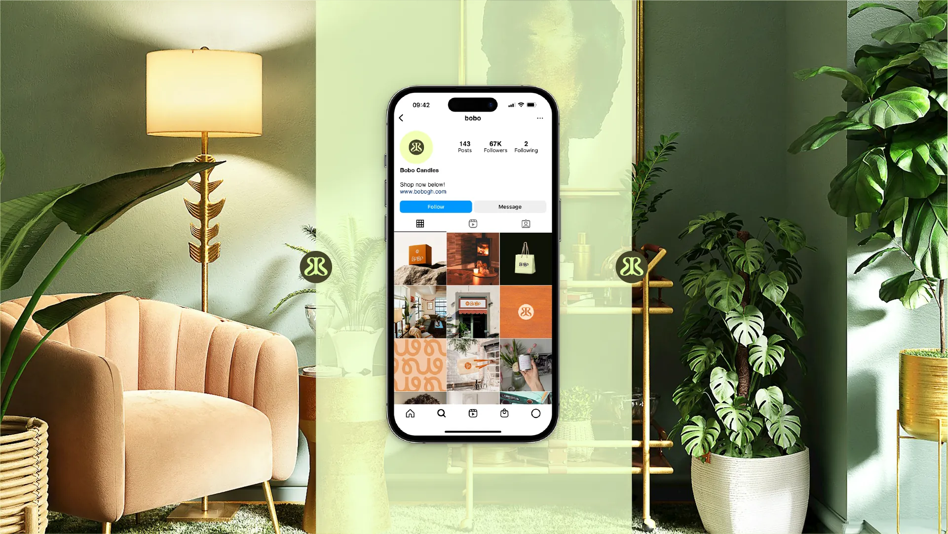 The Bobo Candles Instagram profile shown on a phone in a styled green interior.