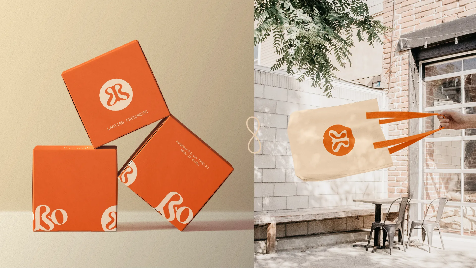 Bobo secondary packaging and a branded canvas tote — orange candle boxes and a monogrammed tote shot outdoors.
