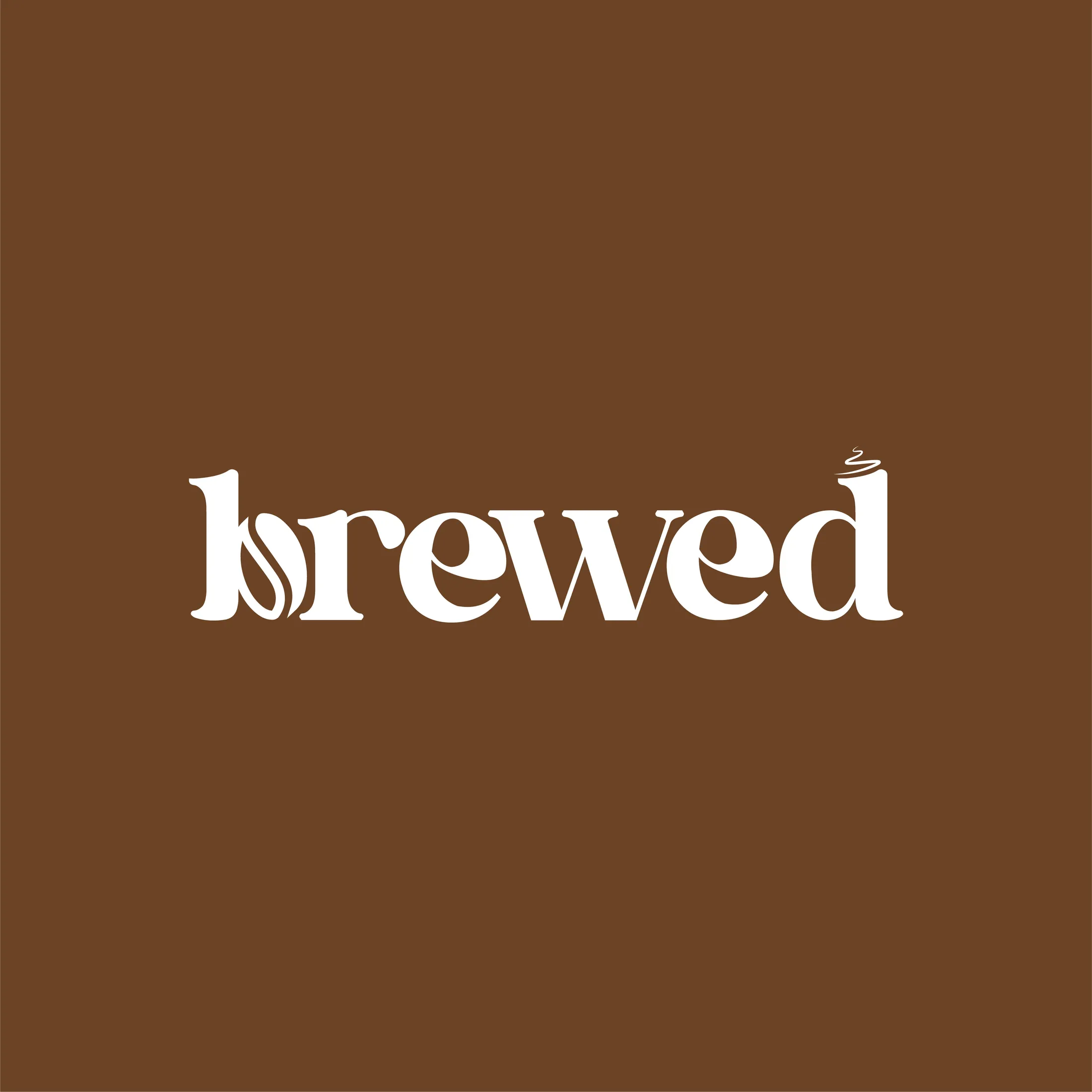 The Brewed wordmark — a warm serif with a coffee bean tucked into the 'b' — in white on brown.