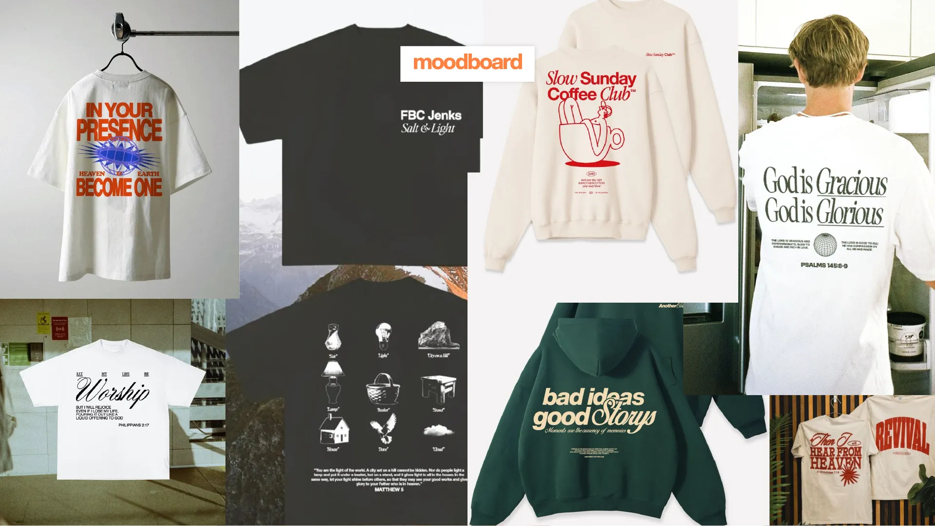 A moodboard of reference faith-based streetwear — scripture tees, hoodies and type treatments.