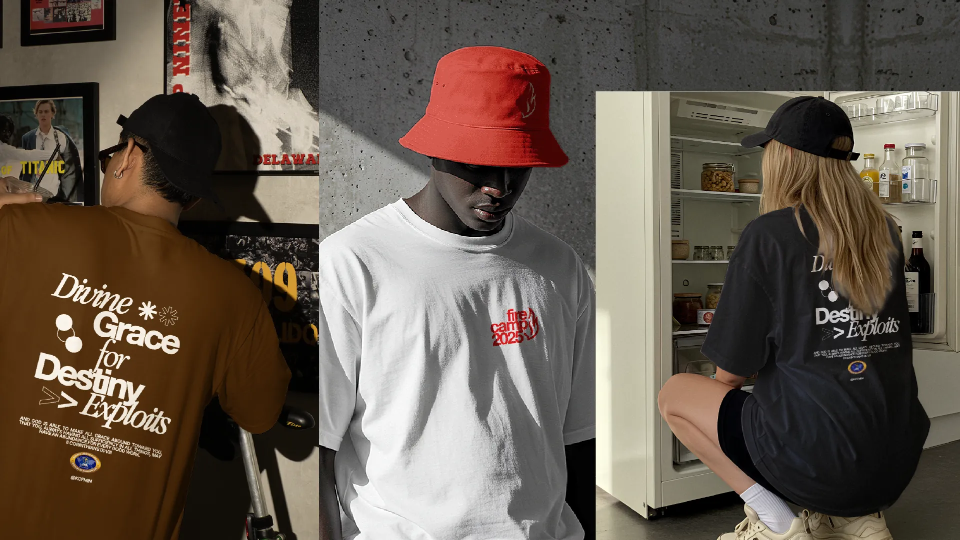 Three models wearing the Fire Camp tees and a red bucket hat in an editorial street setting.