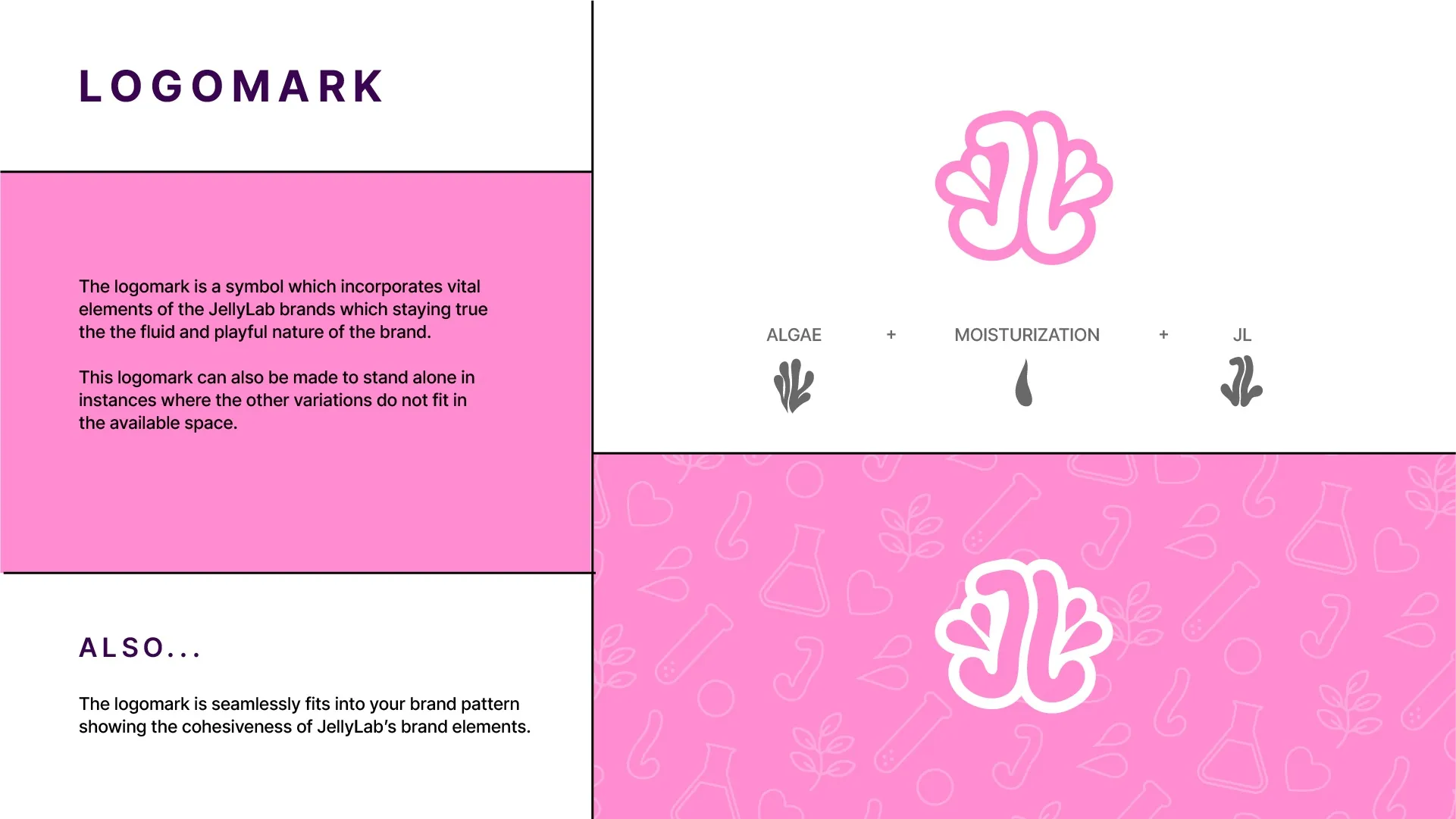 JellyLab logomark guideline — the coral 'JL' symbol built from algae, a moisturisation drop and the initials.