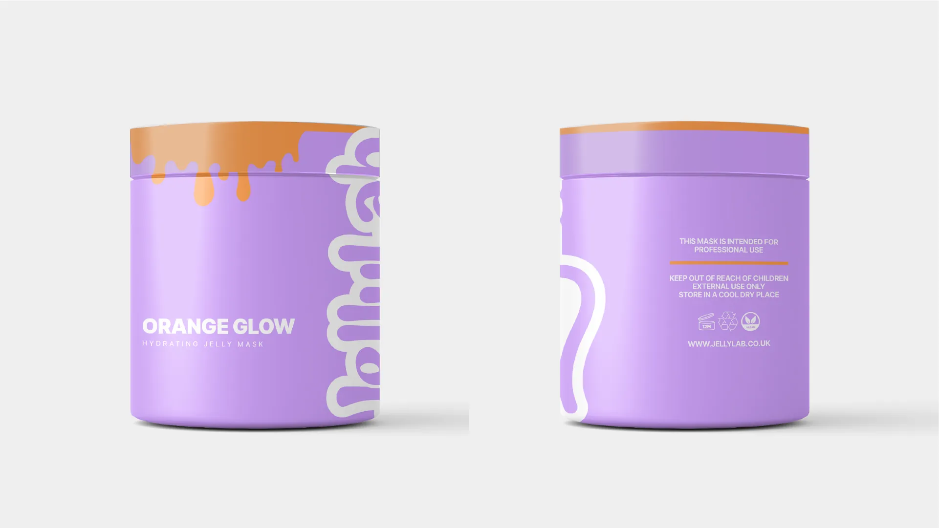 JellyLab 'Orange Glow' hydrating jelly-mask jars — lilac tubs with an orange drip lid, shown front and back.