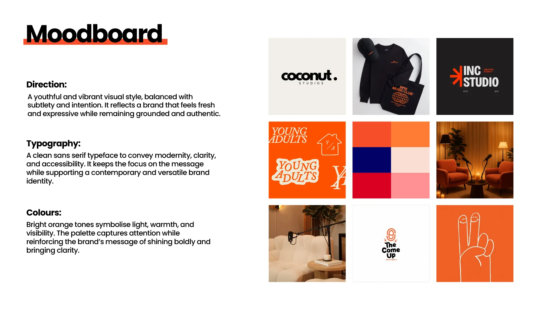 Lampstand moodboard — direction, typography and colour notes beside a grid of warm, orange-toned references.