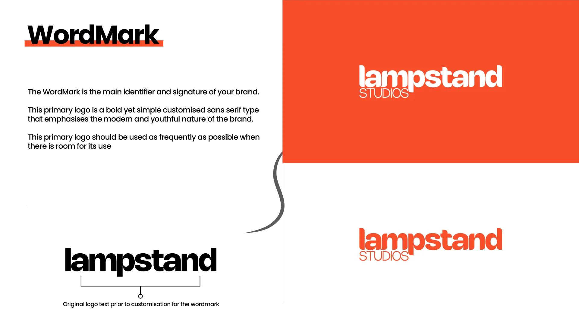 Lampstand wordmark guideline — the bold, customised sans-serif 'lampstand studios' lockup in orange and white.
