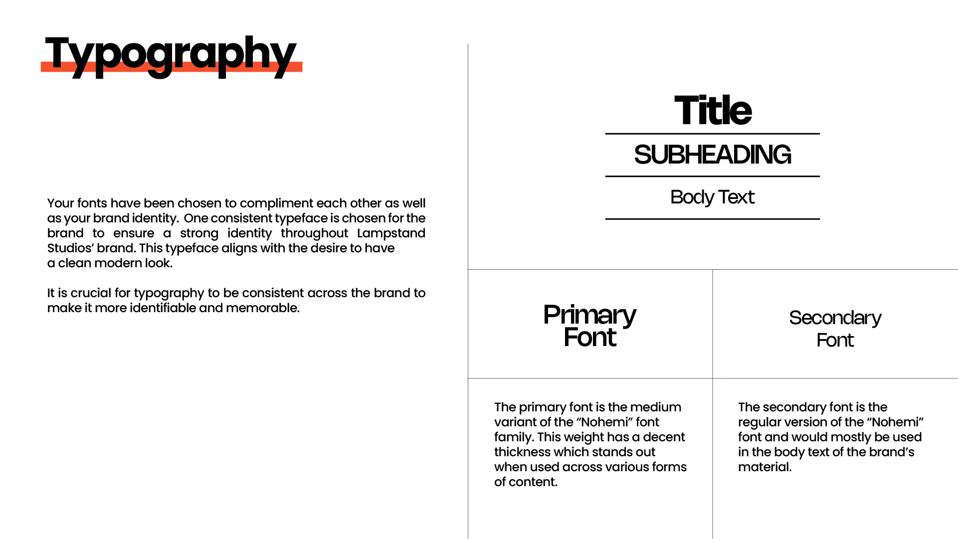 Lampstand typography guideline — a Title, Subheading and Body hierarchy set in the Nohemi typeface.